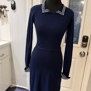 Planet Gold Elegant Navy Dress with Pearl Accents